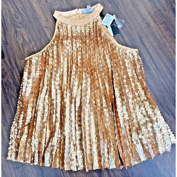 Tahari Tops - T Tahari Women's Chunky Sequined Pleated Halter Neck Party Top Blouse Gold 10